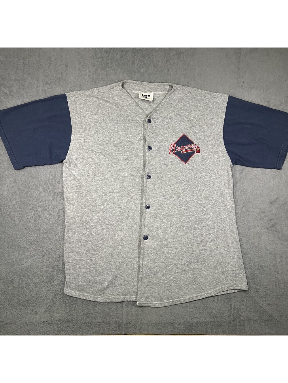 Vintage Lee Sport Jersey Gray Navy Mens Large Atlanta Braves Button Short Sleeve
